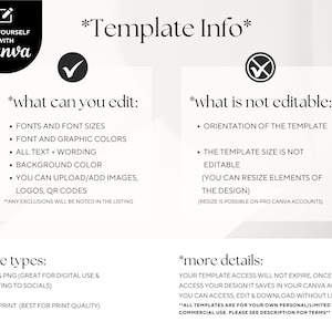 May include: A black and white graphic with the text "Edit Yourself with Canva" and "Template Info". The graphic lists what can be edited and what is not editable in a Canva template. It also lists the file types and more details about the template.