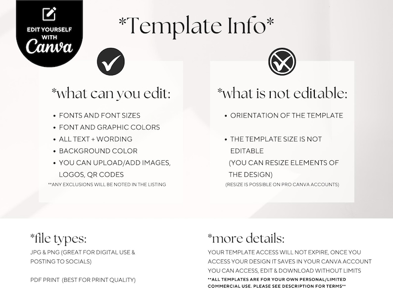 May include: A black and white graphic with the text "Edit Yourself with Canva" and "Template Info". The graphic lists what can be edited and what is not editable in a Canva template. It also lists the file types and more details about the template.