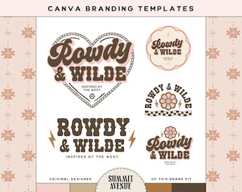 May include: Branding templates for a company called "Rowdy & Wilde" inspired by the West. The logo features a heart with the company name in a retro font. Other logos include a checkered pattern with a flower and a simple text logo.