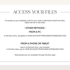 Puede incluir: Un fondo blanco con texto negro que explica c&oacute;mo acceder a los archivos digitales comprados en Etsy. El texto incluye instrucciones para acceder a los archivos desde una computadora y un tel&eacute;fono o tableta. El texto tambi&eacute;n indica que las descargas no est&aacute;n disponibles a trav&eacute;s de la aplicaci&oacute;n Etsy.