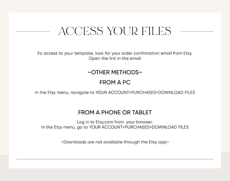 Puede incluir: Un fondo blanco con texto negro que explica c&oacute;mo acceder a los archivos digitales comprados en Etsy. El texto incluye instrucciones para acceder a los archivos desde una computadora y un tel&eacute;fono o tableta. El texto tambi&eacute;n indica que las descargas no est&aacute;n disponibles a trav&eacute;s de la aplicaci&oacute;n Etsy.