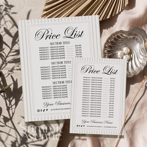 May include: Two white rectangular price list templates with thin gray vertical stripes, black text, and decorative borders. The text includes Price List, Section Title, Product-Service Name, Your Business Name, and social media icons.
