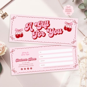 Modèle de chèque-cadeau Coquette, modèle rose sur toile modifiable, conception de coupon de noeud cerise, conception de carte-cadeau rétro imprimable bricolage, Cheri