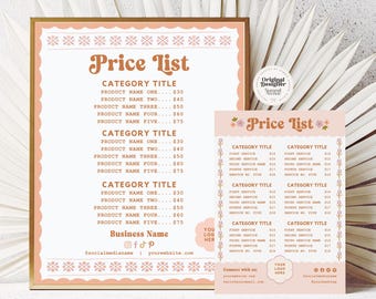Cottagecore DIY Printable Price List Canva Template, Retro Editable Pricing Sheet, Salon Price List, Boho Market Pricing Guide Sign, Nina
