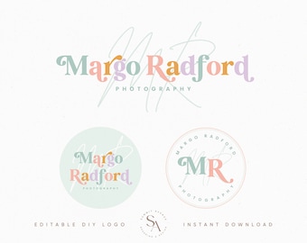 Bearbeitbares buntes Boho-Logo-Design, sofortiger Download, DIY-Logo-Vorlage mit modernen Boho-Initialen, Boutique-Blog oder Fotografie-Logo-Set – Margo