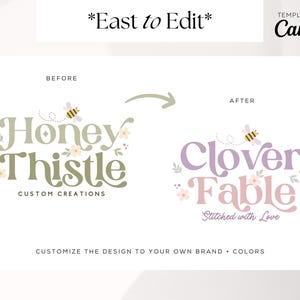 May include: Before and after image showing a logo design template. The original logo is green and says "Honey Thistle Custom Creations" with a bee flying above the text. The revised logo is purple and says "Clover Fable Stitched with Love" with a bee flying above the text.