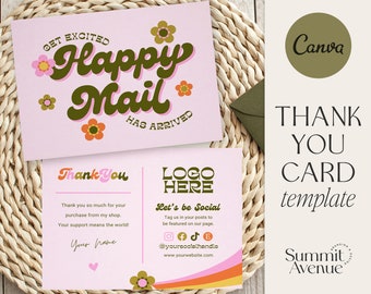 Retro Business Thank You Card Template, Cute Groovy Editable Thank You Card, 70s Customizable Purchase Insert Card, Canva Template - Petunia