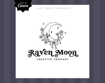 Kwiatowe logo księżycowe do pobrania natychmiast, boho niebiańskie logo DIY, szablon Canva, edytowalne logo księżycowe, logo małej firmy z kokardą w stylu retro, kruk