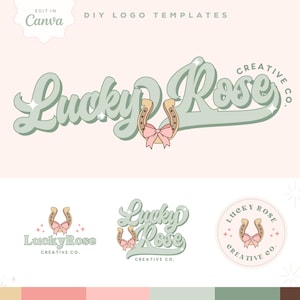 Pink Bow Coquette Aesthetic Logo Design Template, DIY Lucky Horseshoe Logo Branding  - Trendy Cowgirl Retro Logo Canva Template, Lexi