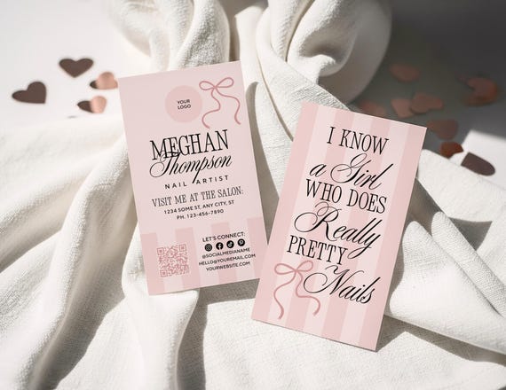 Elegant Nail Stylist Business Card Template Canva QR Code, Luxury nail artist Pink Business Branding, Nail Bar Editable Business design LX44