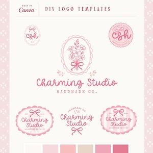 May include: Pink DIY logo templates with floral and bow designs. The text "Charming Studio" is displayed in a cursive font. The phrase "Edit in Canva" is at the top left. A pink color palette is shown at the bottom.