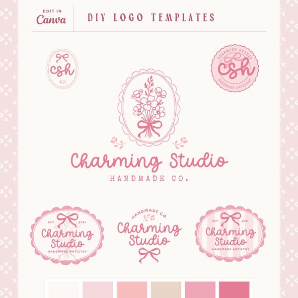 Hand-Drawn Pink Coquette Bow Logo Template, Editable Canva FloralCottagecore branding, Small Business Brand Guidelines Style board Calico