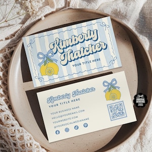 Kokette Visitenkarte Vorlage Canva QR-Code, trendiges Lemon Bow Business Branding, wunderliche feminine bearbeitbare Visitenkarte Vorlage LMN1