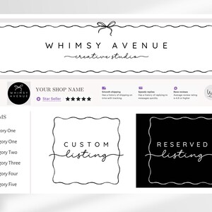 Pode incluir: Um banner de loja Etsy em preto e branco com o texto "WHIMSY AVENUE creative studio". Inclui um logotipo, nome da loja e &iacute;cones para envio r&aacute;pido, respostas r&aacute;pidas e avalia&ccedil;&otilde;es entusiasmadas. Apresenta gr&aacute;ficos "CUSTOM listing" e "RESERVED listing".