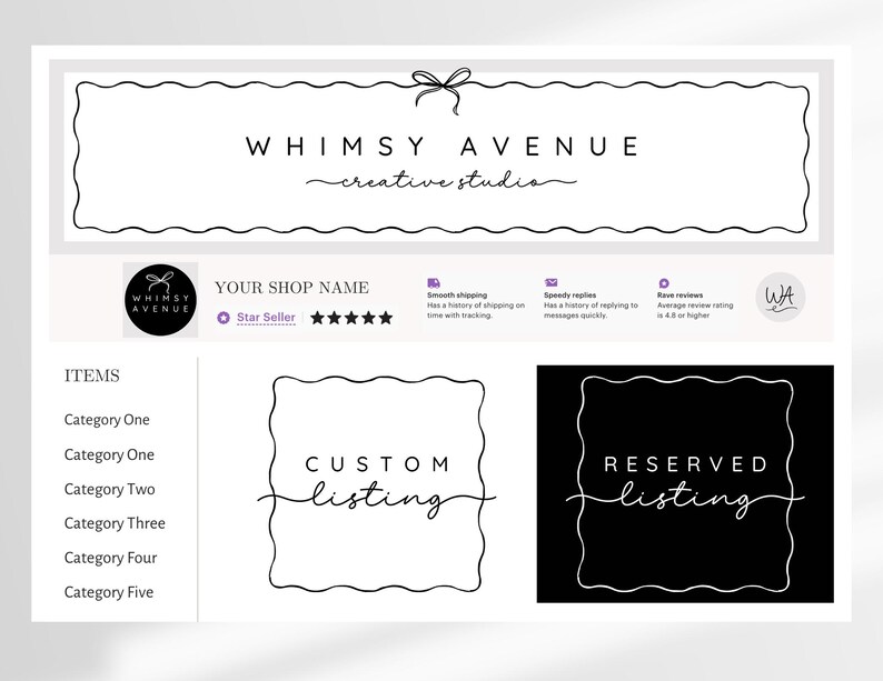 Pode incluir: Um banner de loja Etsy em preto e branco com o texto "WHIMSY AVENUE creative studio". Inclui um logotipo, nome da loja e &iacute;cones para envio r&aacute;pido, respostas r&aacute;pidas e avalia&ccedil;&otilde;es entusiasmadas. Apresenta gr&aacute;ficos "CUSTOM listing" e "RESERVED listing".