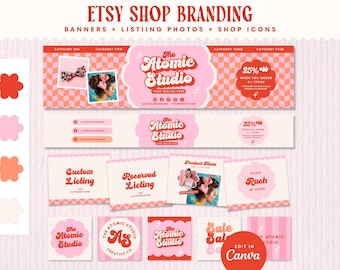 Bold Retro Etsy Store Branding Kit, Editable Checker Pink Orange & Red Canva Shop Banners, Listing Photos - Shop Icons, Avery