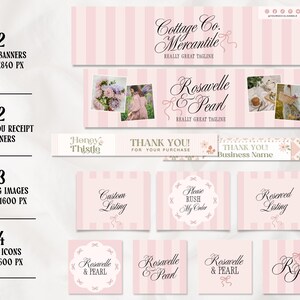 Puede incluir: Un kit de branding digital con banners de rayas rosas y blancas, banners de recibo, im&aacute;genes de listado e iconos de tienda. Los dise&ntilde;os incluyen textos como Cottage Co. Mercantile, Rosavelle & Pearl, Thank You, Custom Listing y Rush My Order.