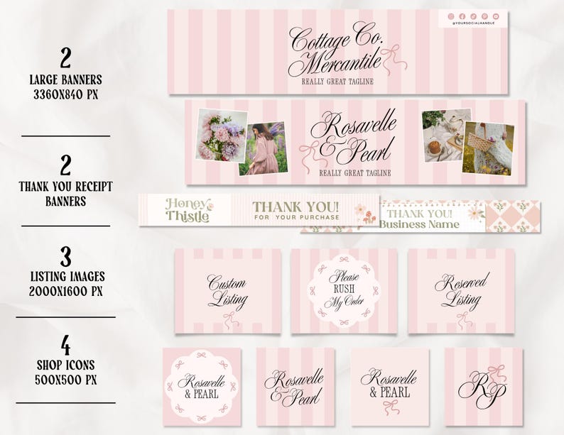 Puede incluir: Un kit de branding digital con banners de rayas rosas y blancas, banners de recibo, im&aacute;genes de listado e iconos de tienda. Los dise&ntilde;os incluyen textos como Cottage Co. Mercantile, Rosavelle & Pearl, Thank You, Custom Listing y Rush My Order.