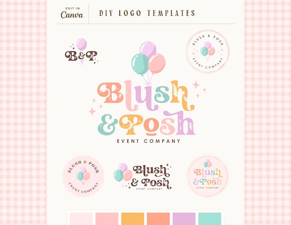 Pastel Balloon Logo Canva Template | Event Planner Logo Kit | Editable DIY Retro Party Business Logo | Feminine Small Business Branding Posh
