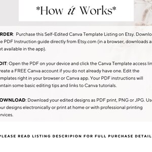 May include: A white graphic with the text "*How it Works*" and instructions for a self-edited Canva template. The steps include ordering, editing, and downloading designs as PDF, PNG, or JPG files. The text also advises to read the listing description for details.