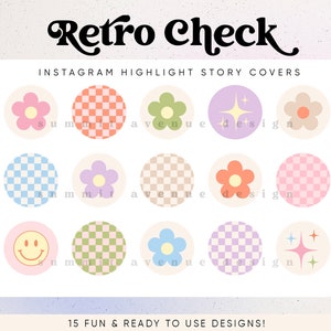 Retro Check Instagram Highlight Covers, Flower Story Covers, Groovy Instagram Story Icons, 70s Vintage Checker Instagram Highlight Icons