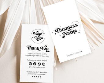 Puede incluir: Una tarjeta de agradecimiento blanca con texto negro. La tarjeta dice "Gracias" por su compra y por apoyar nuestro pequeño negocio. Síganos en las redes sociales: @socialmedianame. ¿Le gusta su pedido? Apreciaríamos su reseña. *****