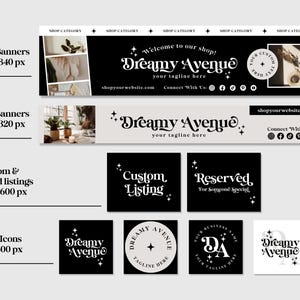 Editable Retro Etsy Shop Template Kit Canva, Modern Black and White ...