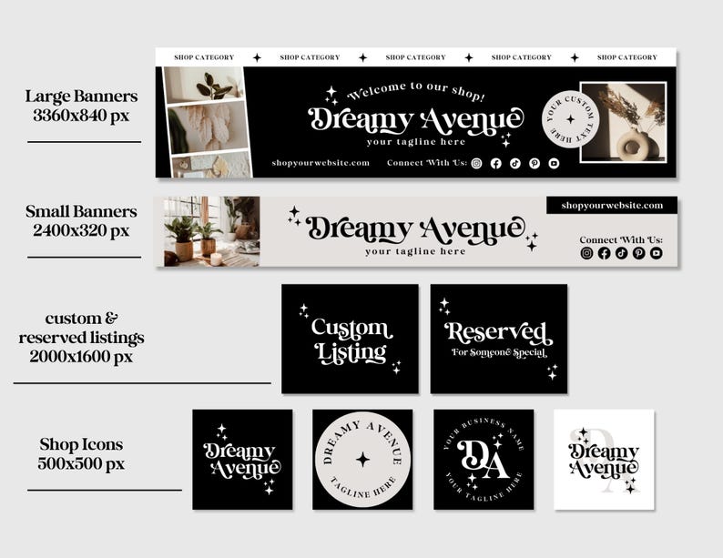 Editable Retro Etsy Shop Template Kit Canva, Modern Black and White ...