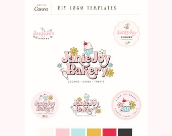 Retro Bakery Logo Canva Template, Editable Cute Floral Cupcake Small Business Branding design Kit, Pastel Vintage Baking Logo Set, Jacklyn