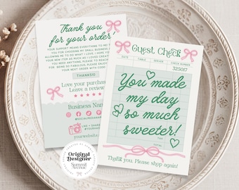 Trendy Bow Thank You Card, Cute Coquette Editable Customer Thank You Business Packaging Insert, DIY Guest Check Thank You Template Canva