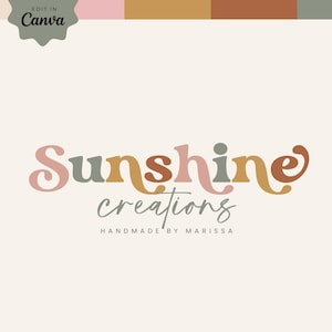 Bewerkbare kleurrijke boho canva logo sjabloon, instant download retro jaren 70 tekst logo ontwerp, DIY aards lettertype merk voor kleine bedrijven, Sunsi