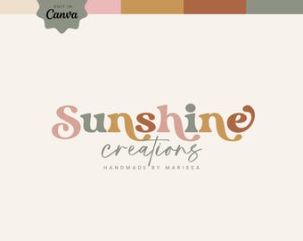 Edytowalny kolorowy szablon logo Boho Canva, natychmiastowe pobranie projektu logo tekstowego w stylu retro z lat 70., DIY Earthy Font Small Business Brand, Sunsi
