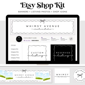 Pode incluir: Um kit digital da loja Etsy exibido na tela de um laptop, incluindo banners, fotos de listagem e &iacute;cones da loja. O kit apresenta o texto "WHIMSY AVENUE creative studio" e inclui modelos de listagem personalizados e reservados.