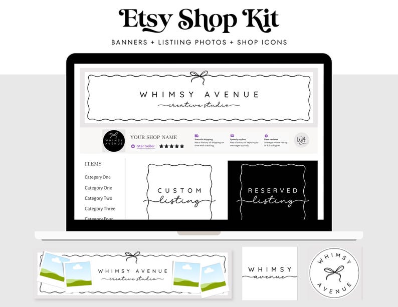 Pode incluir: Um kit digital da loja Etsy exibido na tela de um laptop, incluindo banners, fotos de listagem e &iacute;cones da loja. O kit apresenta o texto "WHIMSY AVENUE creative studio" e inclui modelos de listagem personalizados e reservados.