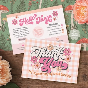 Cartão de agradecimento floral retrô, faça você mesmo, editável, obrigado pela compra, pacote de agradecimento com margarida Cottagecore rosa, inserir cartão QR, modelo Canva - Dália