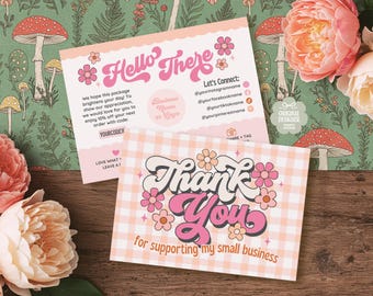 Floral Retro Thank You Card, DIY Editable Thanks For Purchase, Pink Cottagecore Daisy Thank You package Insert QR Card Canva Template-Dahlia