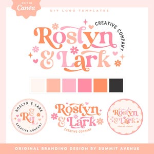 Retro Logo Design, Editable Canva Logo Template, Boho Rainbow Logo for Small Business, pretty Colorful Logo With hearts + Sparkles, Lark