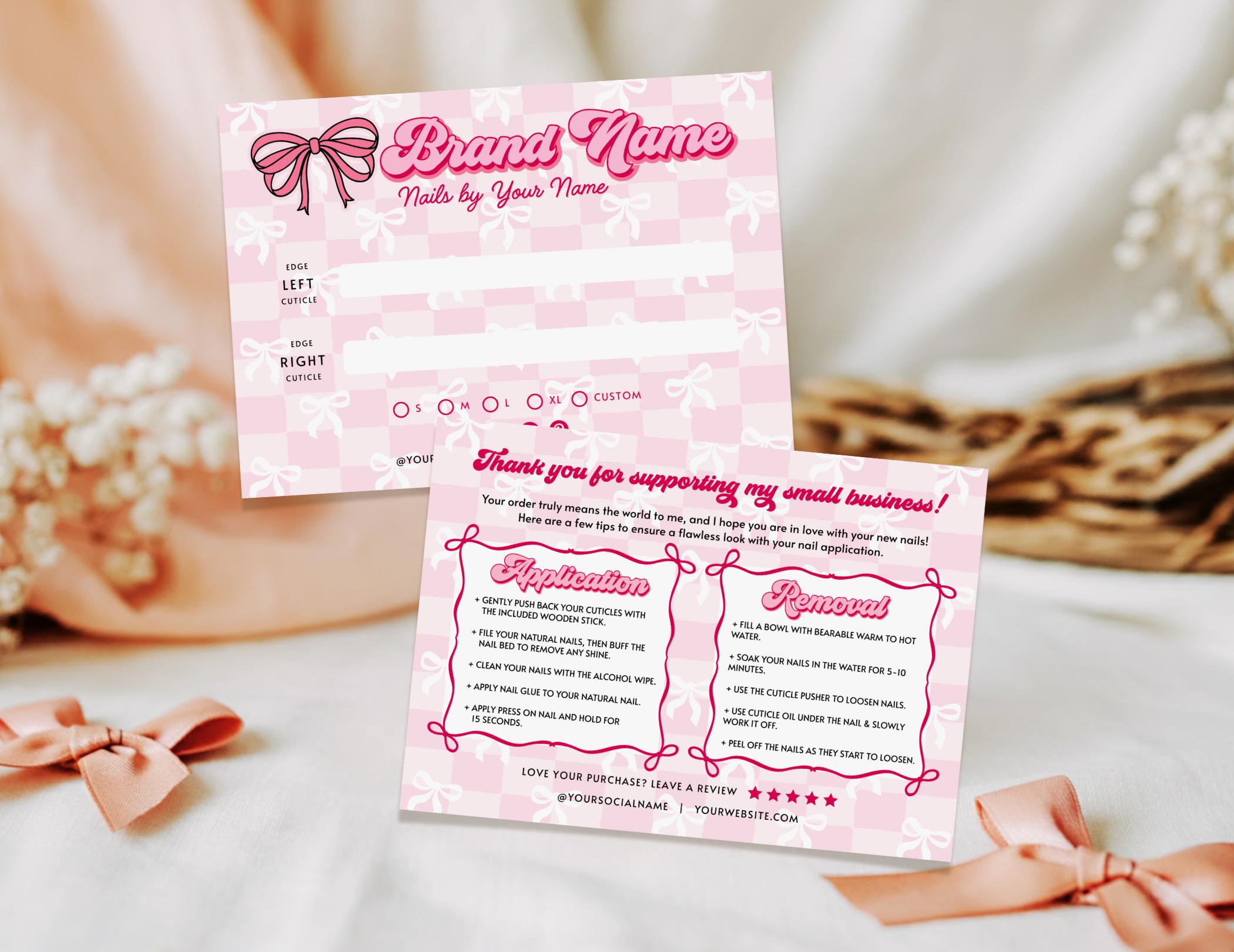 Coquette Bow False Nails Backing Card Canva Template, Pink Press on ...