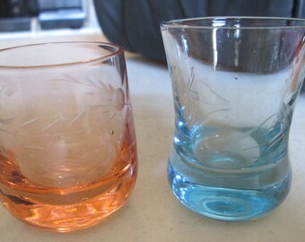 Blue shot Glass Has Been Sold Vintage Mid Century Shot Glass, Shooter Glass, Etched Rose-Colored Shot Glass