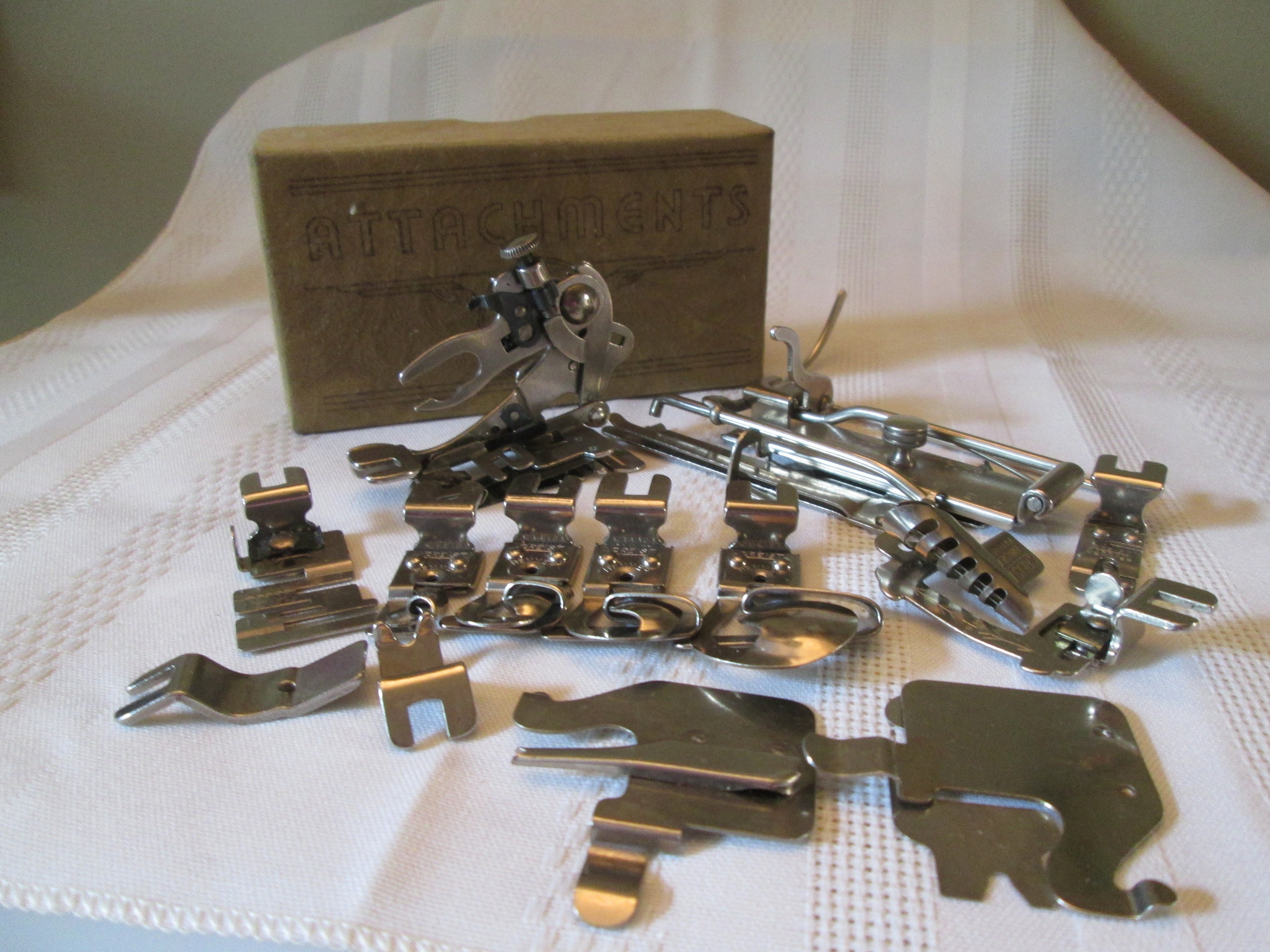 Vintage Greist Treadle Sewing Machine Accessories and Tools in Original Box  over 15 Pieces 