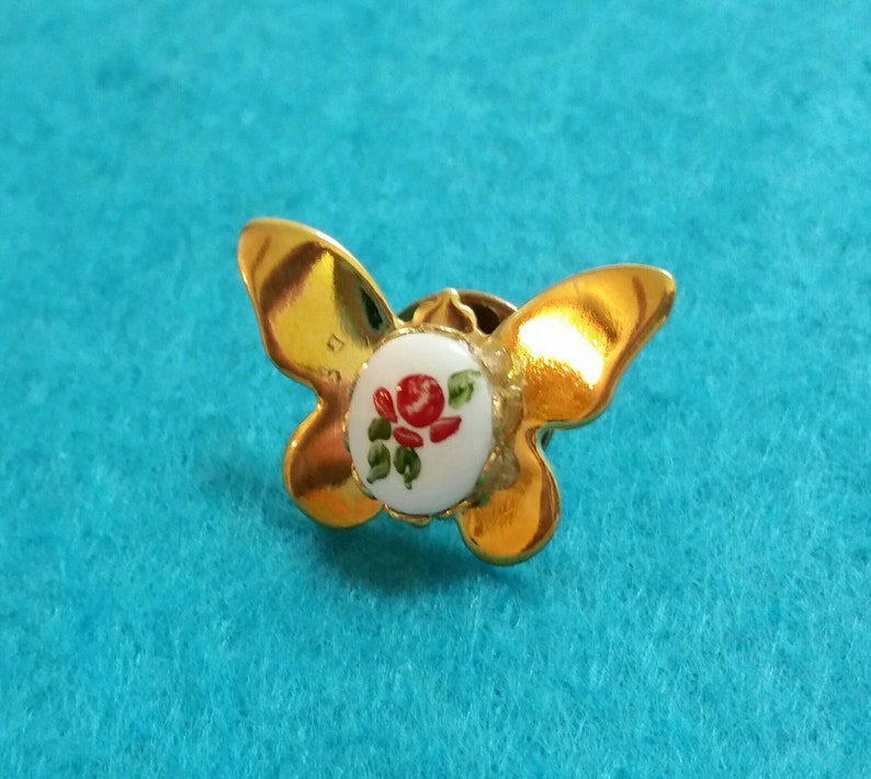 Miniature Butterfly Tack Pin With a Rose on a Porcelain Disk Etsy