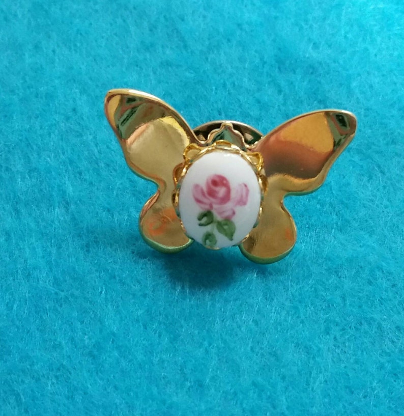 Miniature Butterfly Tack Pin With a Rose on a Porcelain Disk Etsy