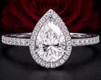 Pear Cut Halo Engagement Ring • Lab Grown Diamond or Moissanite • Pavé Band