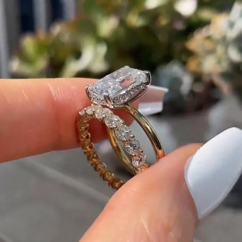 Radiant Cut Moissanite Bridal Set • Lab Grown Diamond Ring • 14K Solid ...