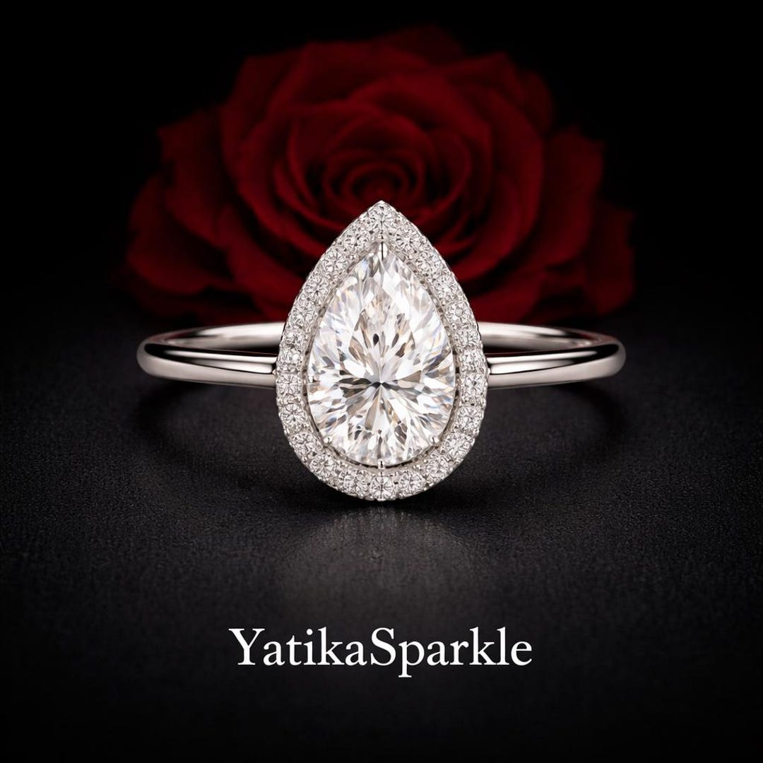 Pear Cut Halo Lab Grown Diamond Moissanite Engagement Ring | 14K Gold ...