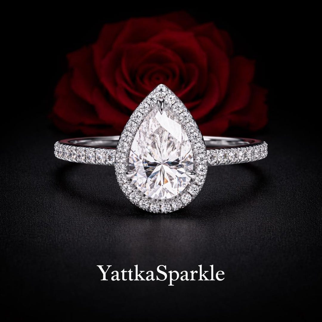 Pear Cut Halo Engagement Ring • Lab Grown Diamond or Moissanite • Pavé ...