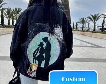 Individuell handbemalte Jeansjacke - Personalisierter Anime-Charakter oder Filmkunst, einzigartiges tragbares Geschenk