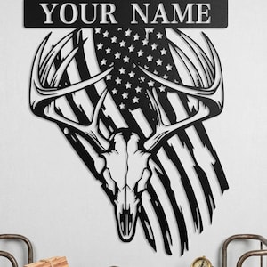 Custom Deer Head Metal Wall Art, American Flag Wildlife Decor, Personalized Name Sign for Farm, Metal Yard Sign,Custom Grandpa Gift Monogram