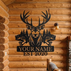 Custom Deer Stag Metal Wall Art, Fly Fishing Bass Name Sign Plaque, Rustic Lodge Cabin Decor For Walls Outdoor Gifts For Dad Him Anniversary