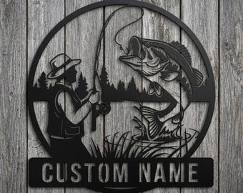 Aangepaste metalen bord vissen, gepersonaliseerde muurkunst zeebaars vissen voor woonkamer, op de natuur geïnspireerde woondecoratie, verjaardagscadeau voor vader, bord heren